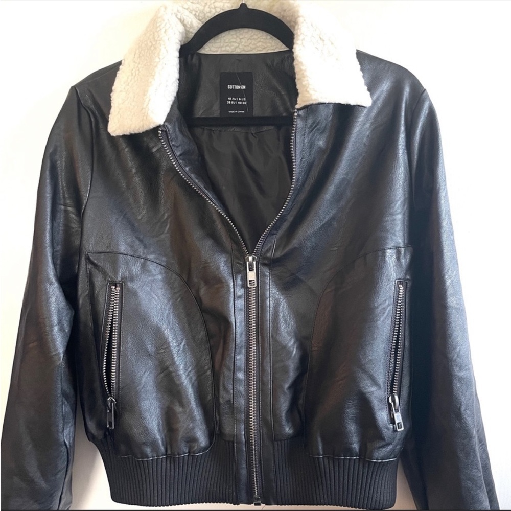 Cotton On Vegan Leather Bomber Jacket with Shearling Collar Size 6